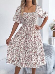 Summer Blue Floral Off Shoulder Midi Dress For Women, Smocked Puff Sleeve A Line Casual Vacation Dress - 白色 - 查看 3