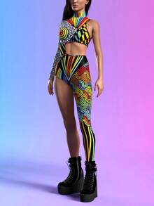 Women's Sexy Party Jumpsuit, Tight-Fitting, Asymmetric, Performance, Holiday, Printed, Long Sleeve