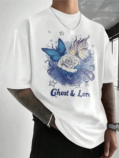 Men's Watercolor Butterfly Rose Graphic Tee Shirt Stylish Blue & White Floral Print Casual Summer TopSoft Comfortable Cotton Blend For Daily WearUnique Artistic Designgraphic Tees Men Shirts Streetwear White Shirt Black Shirt