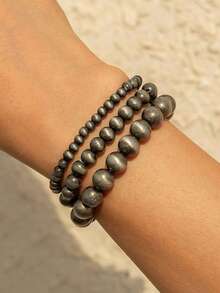 3pcs Faux Pearl Black Pearl Bracelet Set For Women, Fashionable And Simple Western Cowboy-Style Faux Pearl Beaded Elastic Layered Bracelet Set, Fashion Jewelry, Birthday Gift, Christmas Gift, Friendship Gift, Western Cowboy Jewelry