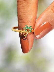 礼盒装夏季度假风格绿色方晶锆石金椰子树戒指，适合海滩装和节日礼物 - 金色 - 查看 4