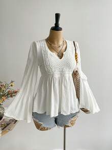 Rusttydustty 白色休闲度假喇叭袖上衣，适合波西米亚风复活节海滩装扮、夏威夷音乐节和热带度假 - 白色 - 查看 2