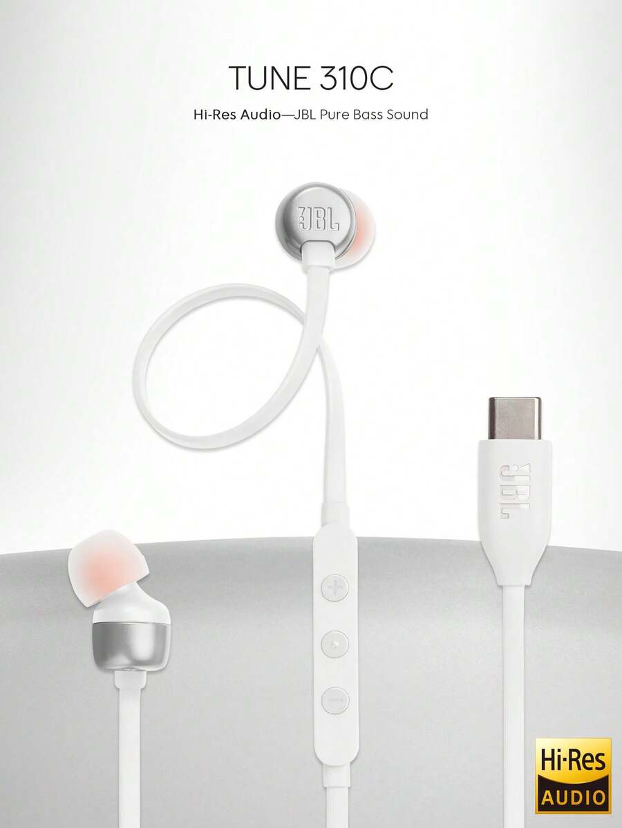JBL Tai nghe nhét tai có dây Tune 310C Type-C, âm thanh độ phân giải cao với bộ chuyển đổi kỹ thuật số sang tương tự, điều khiển từ xa EQ 3 nút có micrô, cáp dẹt chống rối, tương thích với các thiết bị USB-C - trắng - Xem 1