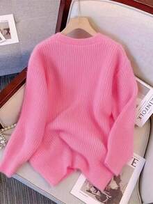 Loose, Soft, Sweet & Slouchy Knitted Sweater Cardigan - Pink - View 2