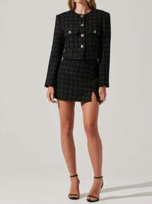 优雅女士粗花呢两件套裙套装，搭配圆领短夹克和迷你裙，纽扣细节，优雅黑色套装 - 黑色 - 查看 5