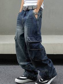 Men's Baggy Denim Cargo Pants Loose Fit Streetwear Wide Leg Workwear Style With Large Side Pockets - 深色水洗藍 - 查看 3