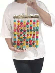 1 pieza Juguete grande para loro, juguete de masticado y mordido de madera de café natural con cuerdas de cuentas de colores, accesorio duradero para jaula de pájaros para estimulación mental e interacción divertida, juguete para loros, diseño alegre, estructura resistente (todos los colores de los accesorios se ensamblan aleatoriamente)