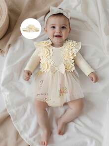 Conjunto de vestido y pelele para niña recién nacida, cuello redondo, manga larga, estampado floral, encaje, tutú, mono con diadema - Caqui - Ver 4