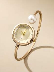 1pc Women's Delicate Bracelet Watch With 1 Large Pearl, Diamond-Cut Glass Crystal Dial, Minimalist Quartz Watch Bracelet - Gold - View 6
