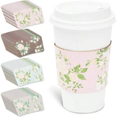 Disposable Floral Coffee Sleeves 100 Pack, 2.5 In Multicolor Hot Cold Paper Cup Sleeve With Floral