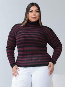 Cacharrel Plus Size Blouse With Stripes, High Neck, Ribbed, Second Skin - 紅木色 - 查看 4