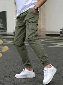 1pc Teen Boy Casual Straight Leg Drawstring Waist Cargo Pants, Spring/Autumn/Winter - Army Green - View 2