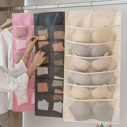 벽걸이 브라 속옷 양말 수납 가방 옷장 정리함, 방 수납 가방 걸이형 수납 상자 장식 데코 축제 데코 방 데코 홈 데코 데코 침실, 데코침실, 정리함, 정리함, 홈 수납, 수납 가방 및 후크 한 세트(베이지 스타일)