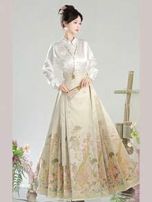 1 件现代中国汉服，复古风格绿色琵琶刺绣腰部收腰中长连衣裙，适合成人中国文化爱好者