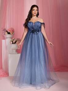 Mgiacy Elegant Plus Size Off Shoulder Chiffon Bridesmaid Dress With Appliques Romantic Cold Shoulder Long Gown - 藍色 - 查看 5