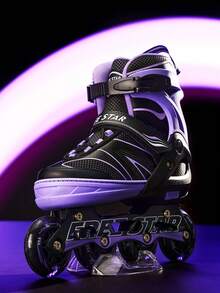 一套 FREE STAR 运动软皮 PU 直排轮滑鞋，带闪光轮，适合初学者，尺码可调节，包含头盔、护肘、护膝、手套，时尚户外专业运动鞋 - 紫色 - 查看 3