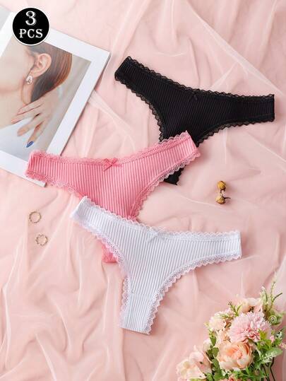 Paquete de 3 tangas de mujer de unicolor con encaje de alta gama, diseño con lazo, ropa interior suave, cómoda y sin costuras