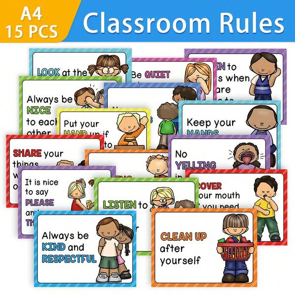 Lachilly 15 PCS A4 Classroom Rules Educational Posters For Preschool, Home, Middle And High School Classroom Poster Decoration English Learning Teaching Aids For Children Big Size 11.69x8.27 Inch