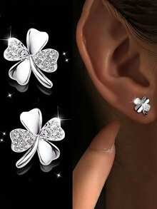 S925 纯银穿线花流苏耳环耳钉，幸运花三叶草设计简约经典风格耳环珠宝适合女性日常佩戴 - 銀色 - 查看 2