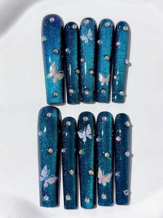 10pcs Y2K Handmade Cat Eye Extra Long Coffin Shape Press On Nails, Lake Blue, Cat Eye, Colorful Butterfly, Diamond Embellishment; Nail Supplies, Acrylic Press On Nails, Homemade Nails, DIY, Nail Art, Acrylic False Nails; Suitable For Vacation, Birthday, Parties, Daily Wear; Includes 1pc Nail Sticker & 1pc Mini File