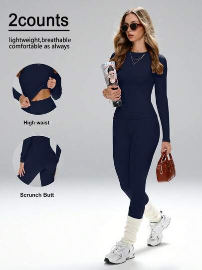 FWH Contorno favorecedor, estilo versátil - Cuello redondo clásico + mangas largas elegantes, cintura levantadora de glúteos, conjunto coordinado, #EsencialesDeAthleisure #DeGimnasioALaCalle, conjunto de entrenamiento de cintura alta, conjunto de yoga con control del abdomen, ropa deportiva que estiliza la figura, conjunto de yoga ajustado de cintura alta con control del abdomen, conjunto de entrenamiento esencial de 2 piezas para mujer