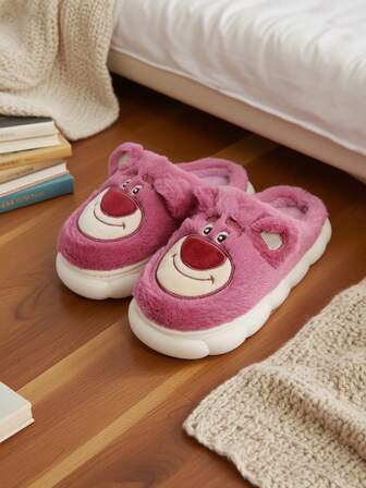 Disney 草莓熊女士毛绒拖鞋 - 卡通图案冬季室内家居鞋