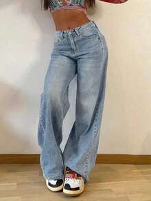 Women's Retro Loose Stacked Straight Denim Pants Casual Spring - Light Wash - View 4