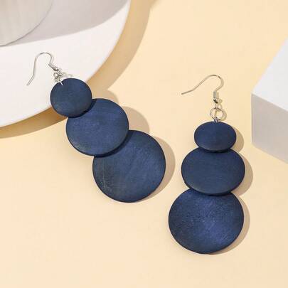 1 Pair 3-Layer Gradient Round Wooden Pendant Earrings, Fashion Versatile Exaggerated Long Tassel Wooden Pendant Earrings, Bohemian Geometric Holiday Style Wooden Earrings