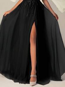 VIPGIRL Đầm dạ hội maxi đen cổ chữ V xẻ cao đính sequin xuyên thấu, đầm dự tiệc sang trọng thanh lịch dành cho nữ, đầm dự tiệc, đầm dài nữ, đầm maxi, đầm dạ hội, đầm dự đám cưới, đầm trang trọng mùa xuân - màu đen - Xem 12