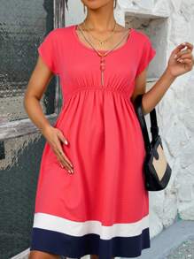 Vestido maternidad dama mujer suelto manga corta escote redondo pliegues fruncido embarazo mama bebe primavera verano otoño casual playa paseo diario fresco cómodo elegante moderno - Rosa coral - Ver 1