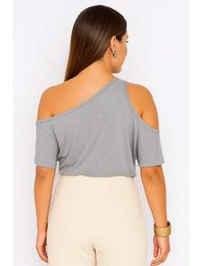 Women's Basic Viscolycra Blouse Round Neck Baby Look Short Sleeve - Grey - View 2