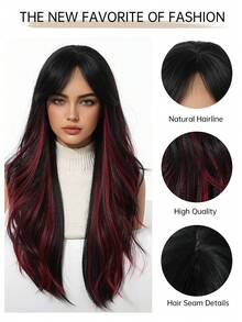 26 Inch Black & Red Long Straight Synthetic Heat Resistant Wig With Bangs, Suitable For Daily Wear, Parties And Cosplay - Piano Color - View 9
