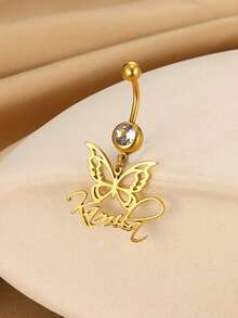Custom Name Belly Ring, Zirconia Belly Ring, Customized Navel Ring, Belly Button Ring, Personalized Name Belly Ring, Gift For Her. Birthday Gifts Valentine's Day Gifts - Golden Butterfly - View 7