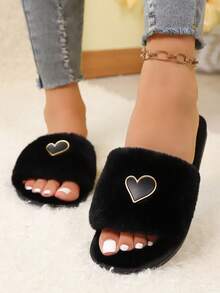 1 Pair Women's New Furry Heart-Shaped Flat Slippers, Women's Casual Home Slippers