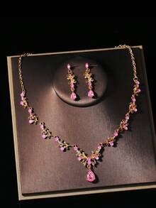 1 套粉色婚礼时尚珠宝新娘配饰经典水晶皇冠 + 项链 + 耳环 4 件套装，适合婚纱、新娘派对、聚会 - 粉色 - 查看 9