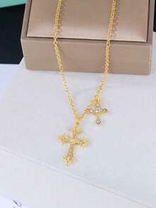 1pc Exquisite Cross Pendant Necklace Inlaid With Rhinestone - Silver - View 3