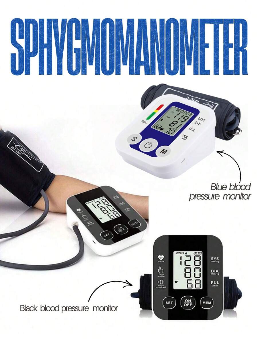 Misuratore di pressione sanguigna da braccio - Misuratore di pressione sanguigna nero con voce in inglese, misuratore di pressione sanguigna domestico blu, misuratore di pressione sanguigna portatile e intelligente per anziani