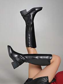 Fall/Winter 2025 New Leather Mid-Heel Over-The-Knee Riding Motorcycle Boots, Simple & Versatile High Shaft Boots For Women, Black
