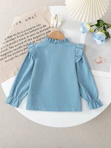 年轻女孩休闲纯色针织花卉刺绣纽扣荷叶边领长袖上衣，适合春秋季日常、居家、户外、运动 - 藍色 - 查看 2