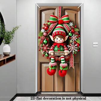 2D 平面 1PC 90X180cm 圣诞精灵门花环横幅 - 涤纶纤维，户外和花园迎宾门罩，多用途装饰，易于悬挂，无需电力