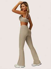 MFVIM Women's Linen Contrast Color Bra And Yoga Pants Set - White Trim Cute Backless | Tight And Breathable, Suitable For Yoga, Fitness And Outdoor Sports - Light Grey - View 8