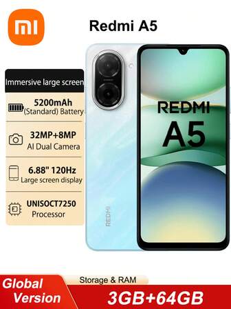 Xiaomi Redmi A5 3GB+64GB 4GB+128GB Global version Smartphone Batterikapacitet 5200mAh 15W Snabbladdning 6,88" Stor skärm Dubbelt SIM-kort Android 15 Bakre kamera 32MP