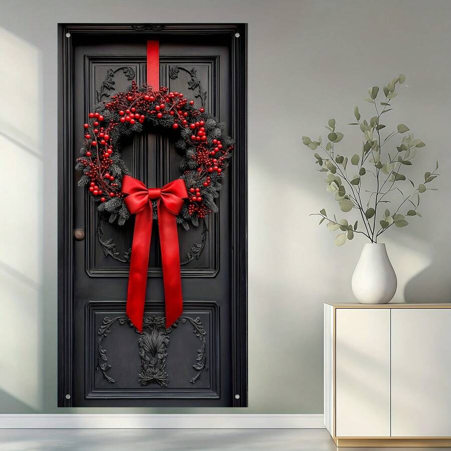 1 件，2D 平面节日圣诞花环门框，季节性家居装饰，圣诞节和新年庆祝活动的多用途户外横幅 - 彩色 - 查看 1