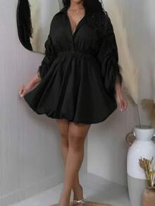 SEBOWEL Bubble Mini Dress Women Long Sleeve Button Bandage Ruched Drawstring Tunic Puffy Elegant Christmas Cocktail Shirt Dresses Clothes Y2K - Black - View 2