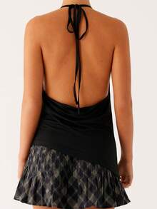 Women's Halter Neck Vest Summer Sleeveless Open Back Deep V Neck Solid Color Tank Tops - Black - View 4