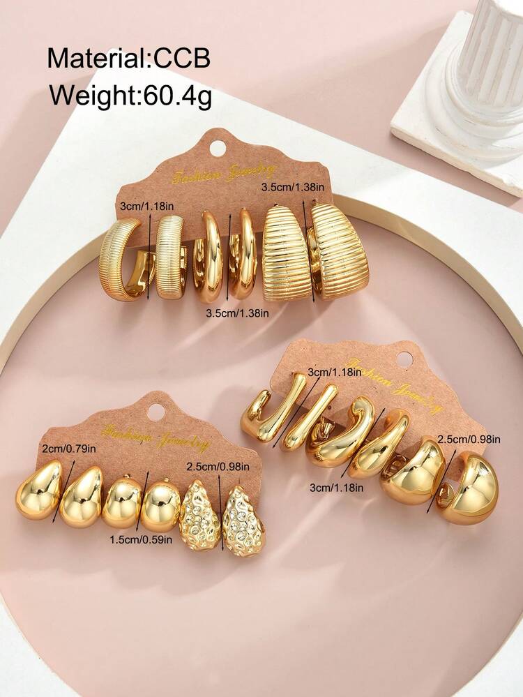 (Paper Card Colors Are Random )36/18/2pcs Geometric Textured Teardrop Golden Fashion Bohemian Style Earrings, Suitable As Gifts For Family And Friends For Holidays - 金黃色 - 查看 8