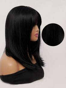 Elegant 16 Inch Black Medium Length Straight Bob Wig With Bangs - Heat Resistant Synthetic Hair, Medium Length Silky Straight Black Wig For Women Daily Wear Party Wigs, Cosplay Street Fashion Wigs - Black - View 4