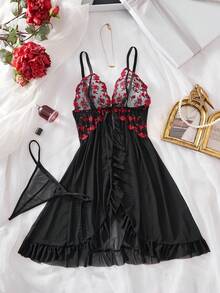 女士精致花卉刺绣荷叶边下摆性感吊带裙和透明 V 字形内裤套装 - 黑色 - 查看 2