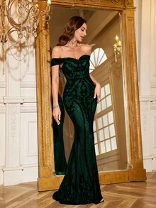 UNITHORSE [Random Cut] Women Off Shoulder Backless Dress, Shiny Sequins Elegant Evening Party Dress, Bride Dress, Birthday Outfits, Graduation Dress, Formal Dress - 墨綠色 - 查看 7