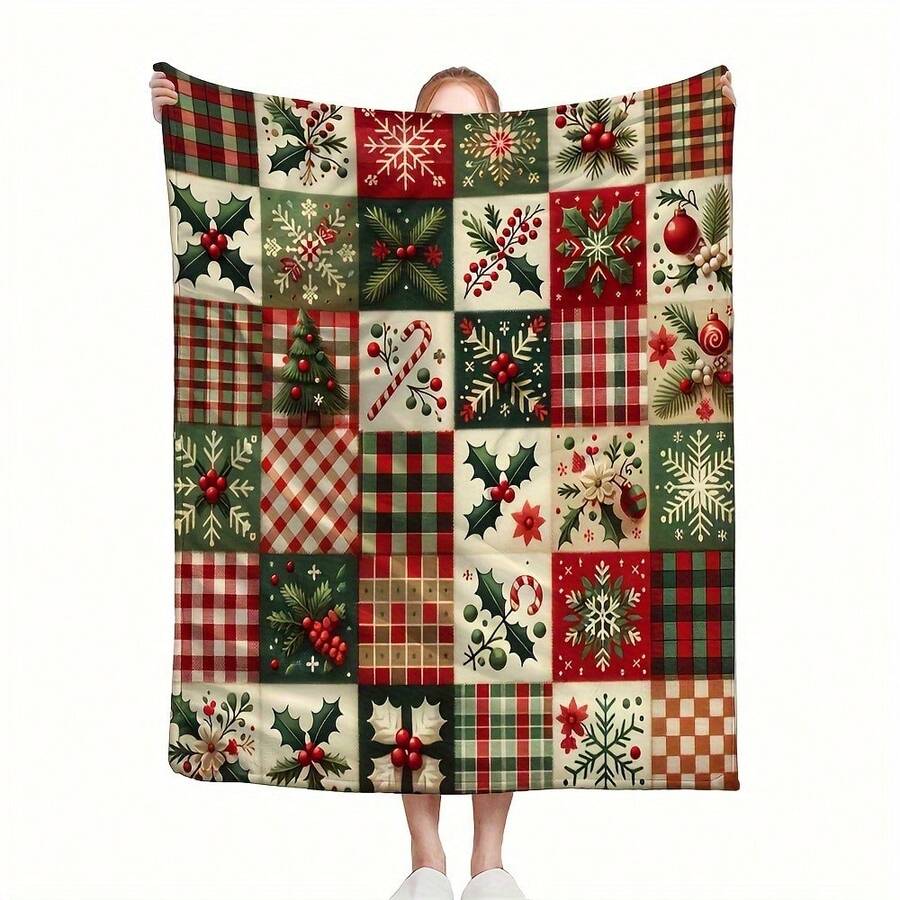 1pc Traditional Christmas Patchwork Print Flannel Blanket - Classic Red & Green Pattern Soft & Cozy Throw Blanket, All Season Use, Tear-Resistant, Machine Washable, Digital Printing, Suitable For Living Room Sofa, Bedroom, Holiday Home Decor, Lightweight & Portable For Travel - Multicolor - View 1